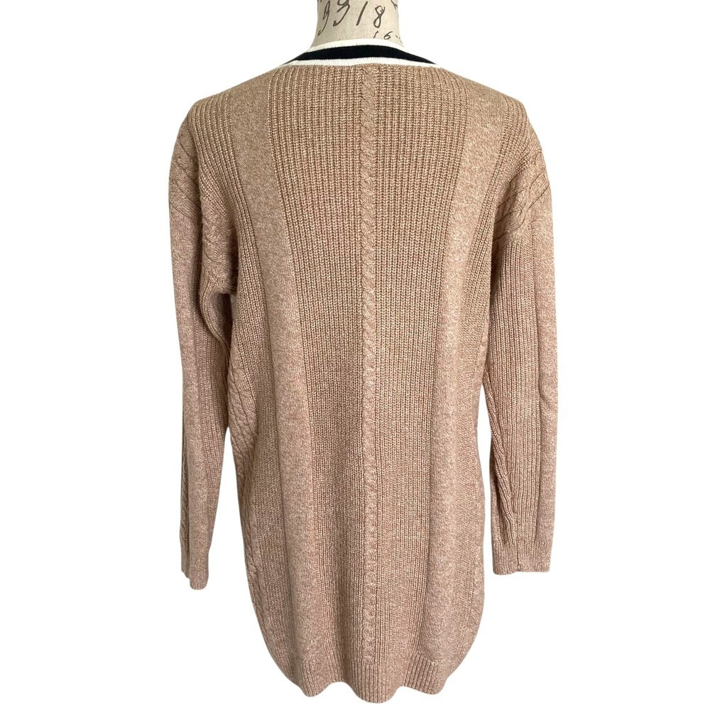 Talbots Cable Knit long Cardigan Sweater Size M Button down Cotton Preppy Tipped - Picture 10 of 17